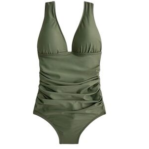 J. Crew Women ruched v-neck size XL Olive green beach pool bathing suit vacation